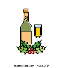 christmas champagne bottle glass holly berry decoration celebration vector illustration