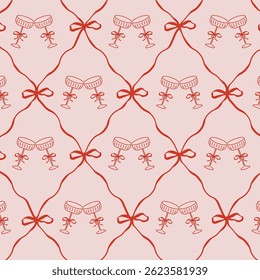 Christmas champagne glass seamless pattern with ribbons. Coquette repeat background with bow knots Vintage holiday Background for wrapping, greeting cards, textile designs and decor.