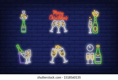 Christmas champagne neon sign set. Fizzy wine, bottle, flutes. Vector illustration in neon style, bright banner for topics like Xmas, New Year party, holiday