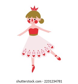 Caracter navideño bailarina princesa vestida de rosa con corazones. Historia del ballet de invierno Nutcracker. Vieja muñeca figurilla tradicional. Personaje de vacaciones romántico con ropa de temporada. Vector plano.