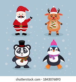 Christmas character cartoon illustration of santa claus, deer, bear, and penguin