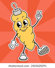 Christmas character concept. Yellow cone toy for tree. Retro symbol of holidays and festivals. Template and layout. Cartoon flat vector illustration isolated on yellow background