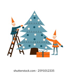 A Christmas character. Cute Christmas elves decorate the Christmas tree. Santa's helpers. Vector illustration on an isolated white background