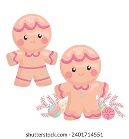 Christmas Character Cute Gingerbread Cookies in Pink Decoration Cartoon Illustration Vector Clipart Sticker
