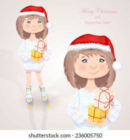 Christmas character. Cute girl with gift box in a woolen sweater, socks and santa hat. Holiday vector illustration.