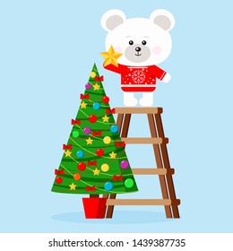 Christmas character: cute polar bear in red sweater puts star on a top of decorated christmas tree isolated on blue background in cartoon style. Merry Christmas. Vector flat design illustration. 