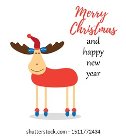 Christmas character deer. Happy New Year and Merry Christmas. Deer in a hat with a pumpkin. Vector editable illustration