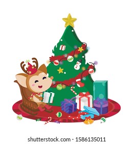 Christmas character design. Cute reindeer sitting on rocking chair with Christmas tree, present box and christmas ornament. Greeting card.