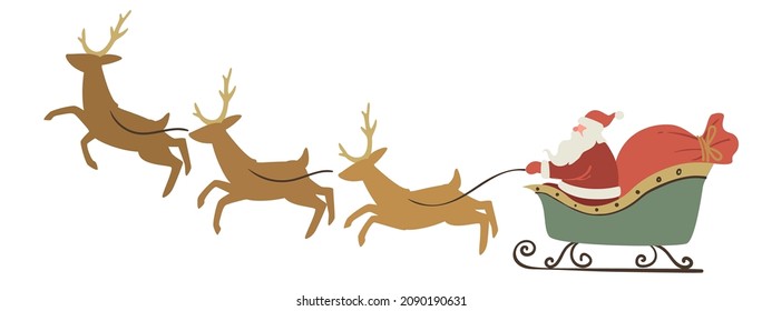 Christmas character driving on sleigh with reindeers, isolated Santa Claus with deers in hurry. Magical carriage for xmas and new year celebration, decoration for greeting card. Vector in flat