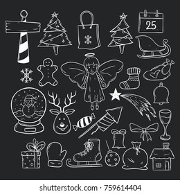 christmas character and elements set with doodle art on black background