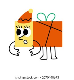 Carácter navideño - regalo divertido con cara. Resumen caja roja con brazos y piernas.