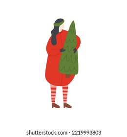 Chica de carácter navideño. Mujer en ropa roja con árbol de navidad. Chica compra un árbol de navidad. Mujer Moda estilo sencillo y plano. chica lleva un árbol de Navidad a casa. Chica vectorial de invierno con fondo blanco.