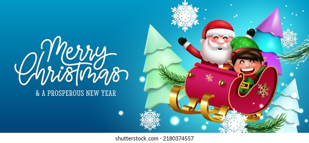 Christmas character greeting vector design. Merry christmas text with happy santa claus and elf characters riding sleigh element for xmas eve celebration. Vector illustration.
