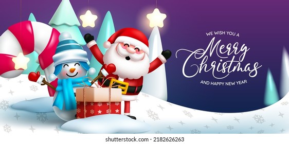 Christmas character greeting vector design. Merry christmas text with santa claus and snowman characters cute and happy in outdoor snow for xmas holiday eve celebration. Vector illustration.
