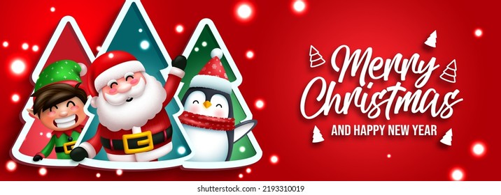 Christmas character greeting vector design. Merry christmas text with santa claus, penguin and elf characters in xmas tree element for holiday season celebration. Vector illustration.
