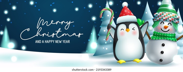 Christmas character greeting vector design. Merry christmas text with cute snowman and penguin characters in winter eve for xmas holiday season messages. Vector illustration.
