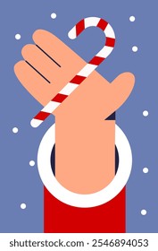 Christmas character hand with  Candy cane. Christmas Candy lollipop. Flat vector illustration.