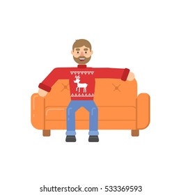Christmas character hipster man in red sweater with deer relax on couch in flat cartoon style