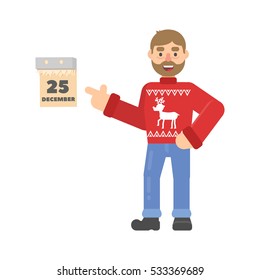 Christmas character hipster man in red jumper with deer indicates the calendar in flat cartoon style