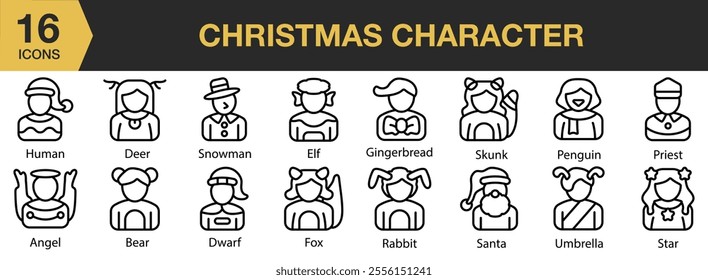 Christmas Character icon set. Includes elf, gingerbread, skunk, penguin, priest, fox, santa, rabbit, and More. Outline icons vector collection.