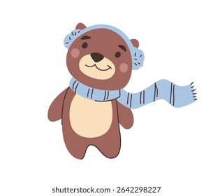Christmas character, isolated bear wearing knitted scarf and headwear. Vector in flat style, friendly personage or sticker, cute emoticon or postcard design. Smiling animal, winter time