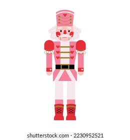 Christmas character Nutcracker in pink costume with red hearts. Winter tale ballet Nutcracker story. Antique traditional figurine doll. Holiday character romantic boy in seasonal clothes. Flat vector.