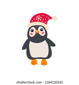 Christmas character penguin icon. Vector illustration isolated on white background. Xmas decoration in cartoon style. Traditional christmas element of holiday