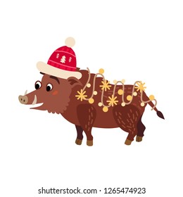 Christmas character pig icon. Vector illustration isolated on white background. Xmas decoration in cartoon style. Traditional christmas element of holiday