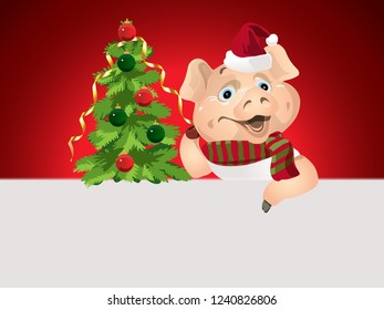 Christmas character pig. A pig in a striped scarf and Santa's red hat with a Christmas tree. Place for text. Christmas card, poster, composition. Vector illustration.