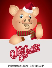 Christmas character Pig. A pig in a striped scarf and Santa's red hat. The Inscription Merry Christmas. Christmas card, poster, composition. Vector illustration.