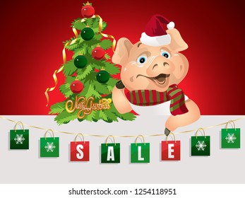 Christmas character Pig with Christmas tree . A pig in a striped scarf and Santa's Red hat holds colorful gift bags with the inscription sale. Christmas card, poster, composition. Vector illustration.
