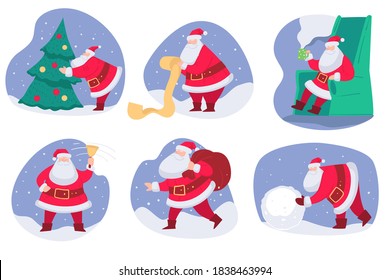 Christmas character preparing for xmas. Santa claus reading wishes and letters of kids, ringing bells and building snowman. Grandfather frost with pine tree and presents, vector in flat style