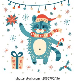 Christmas character raccoon in santa hat with gift, poinsettia and holly. Happy New Year. Cute animal vector illustration. 