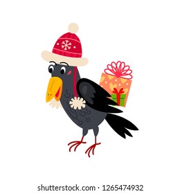 Christmas character raven with gift boxes icon. Vector illustration isolated on white background. Xmas decoration in cartoon style. Traditional christmas element of holiday