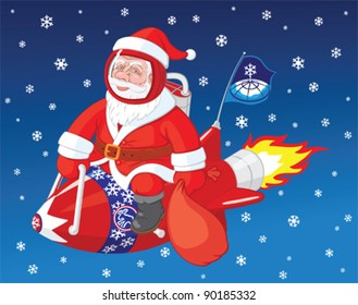 Christmas character Santa Claus flies on the rocket