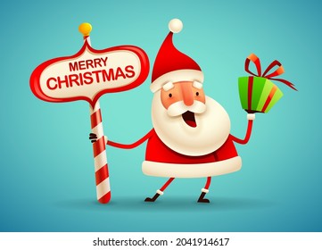Christmas character - Santa Claus with Christmas gift box present and North Pole signboard
