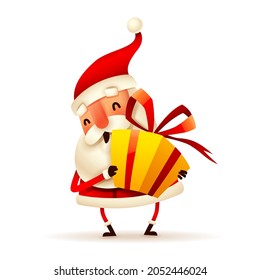 Christmas character - Santa Claus holding Christmas gift box present on white background. Isolated.