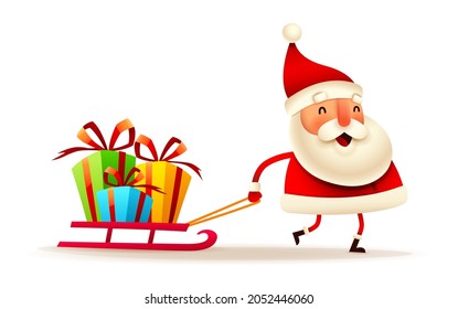 Christmas character - Santa Claus pulling a sled with Christmas gift box presents on white background. Isolated.