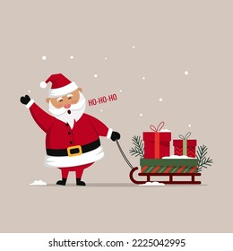 Christmas character Santa Claus pulling a sleigh loaded with gifts
