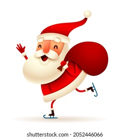 Christmas character - Santa Claus skating with a Christmas sack on white background. Isolated.