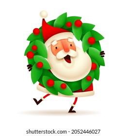 Christmas character - Santa Claus with a Christmas wreath on white background. Isolated.