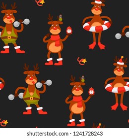 Christmas character seamless pattern reindeer working out with dumbbells
