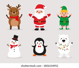 Christmas character set. Cute reindeer, Santa Claus, elf, snowman, penguin and polar beаr.  