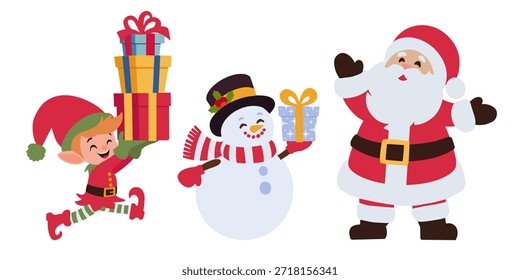 Conjunto de personajes de Navidades con un alegre Papá Noel, elfo con regalos y muñeco de nieve con regalo. Ilustración de invierno festivo para diseños y promociones de vacaciones