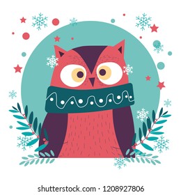 Christmas character, snowflakes falling down and owl bird