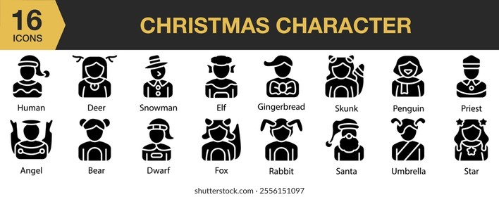 Christmas Character solid icon set. Includes elf, gingerbread, skunk, penguin, priest, fox, santa, rabbit, and More. Solid icons vector collection.