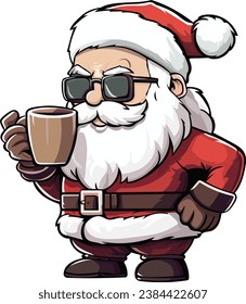 Christmas character stylish santa claus in hand holding a cup of coffee, vector design