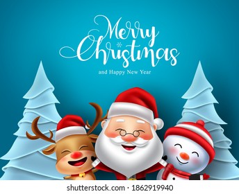 Diseño de fondo vectorial de caracteres navideños. Texto de la tipografía navideña con santa claus, hombre de nieve y personaje de reno para tarjeta de saludo de temporada navideña. Ilustración vectorial.