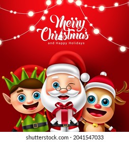 Christmas character vector design. Merry christmas text with reindeer, elf and santa claus characters holding gift for xmas holiday background. Vector illustration.
