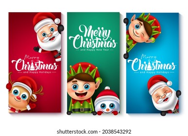 Christmas character vector poster set. Merry christmas text with santa claus, reindeer, elf and snow man characters for xmas card holiday design. Vector illustration.
